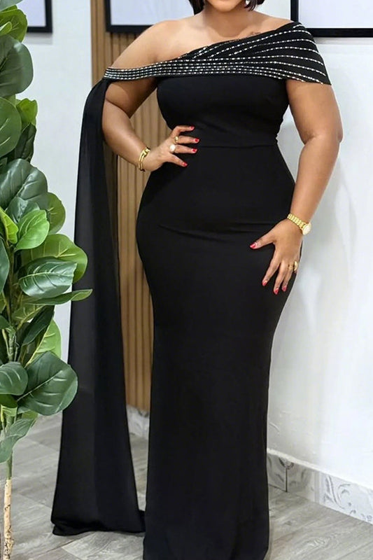 Rhinestone Cape One Shoulder Maxi Dress