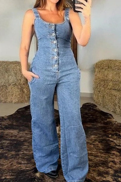 Button-Front Wide Leg Denim Jumpsuit