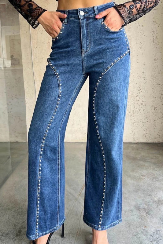 Studded Curved Seam High Waist Wide Leg Jeans