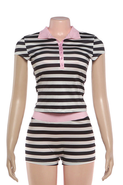 Striped Polo Collar Top & Short Set