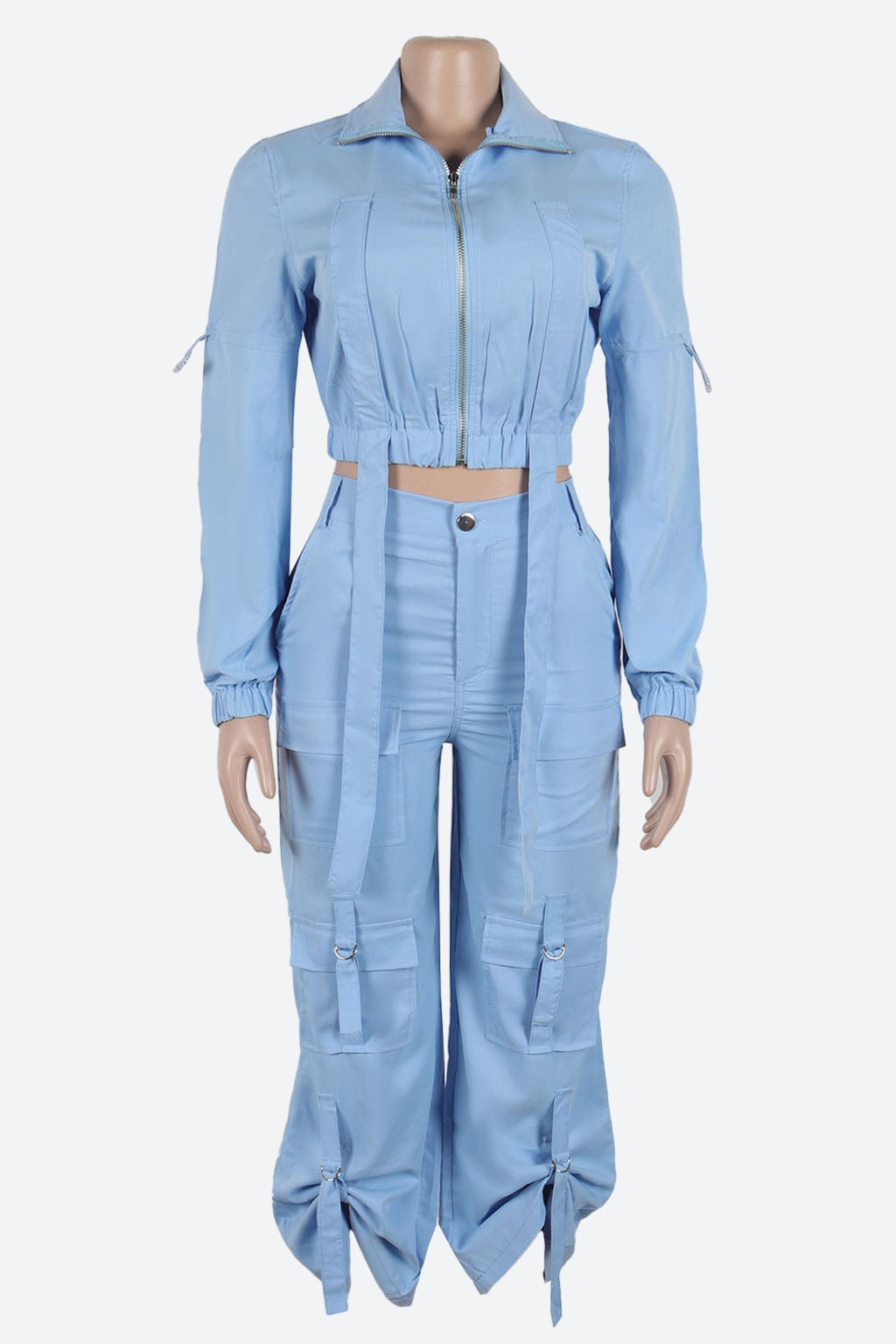 Long Sleeve Crop Jacket Pocket Cargo Pants Set