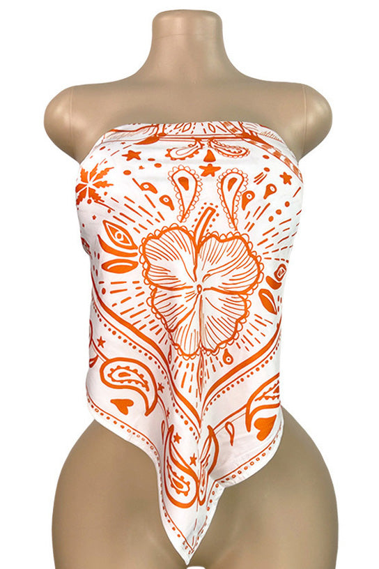 Printed Strapless Scarf Top with Tie Back
