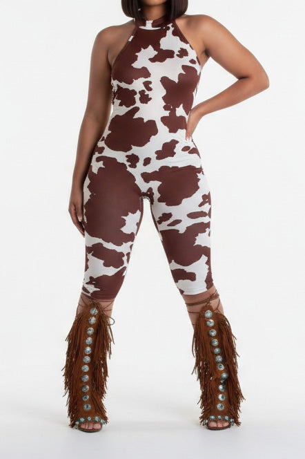 Backless Animal Print Biker Romper