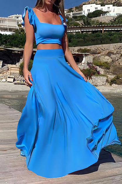 Elastic Solid Color Long Dress Two-Piece Set