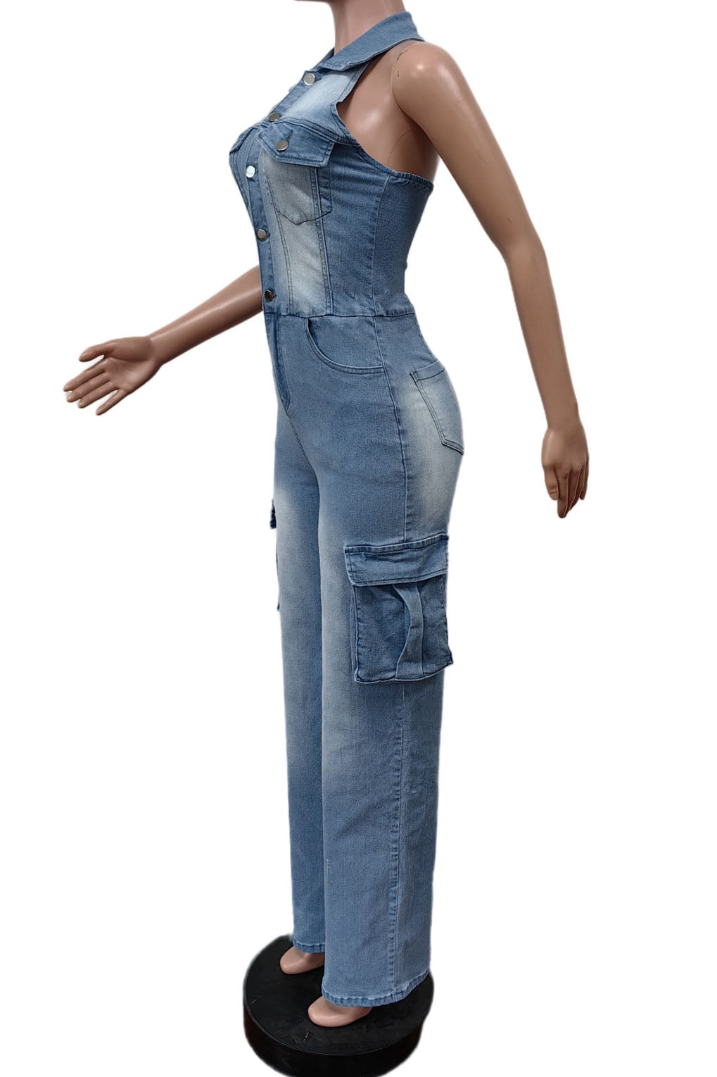 Multi Pocket Denim Halter Backless Jumpsuits