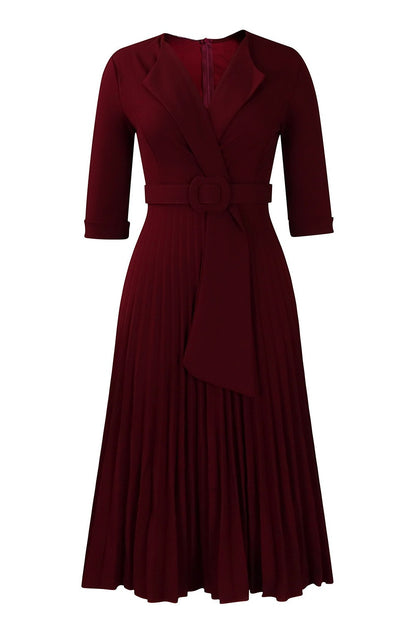 Pleated A-Line Blazer Midi Dress with Belt
