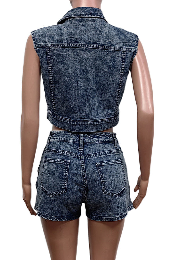 Floral Print Denim Shorts Set