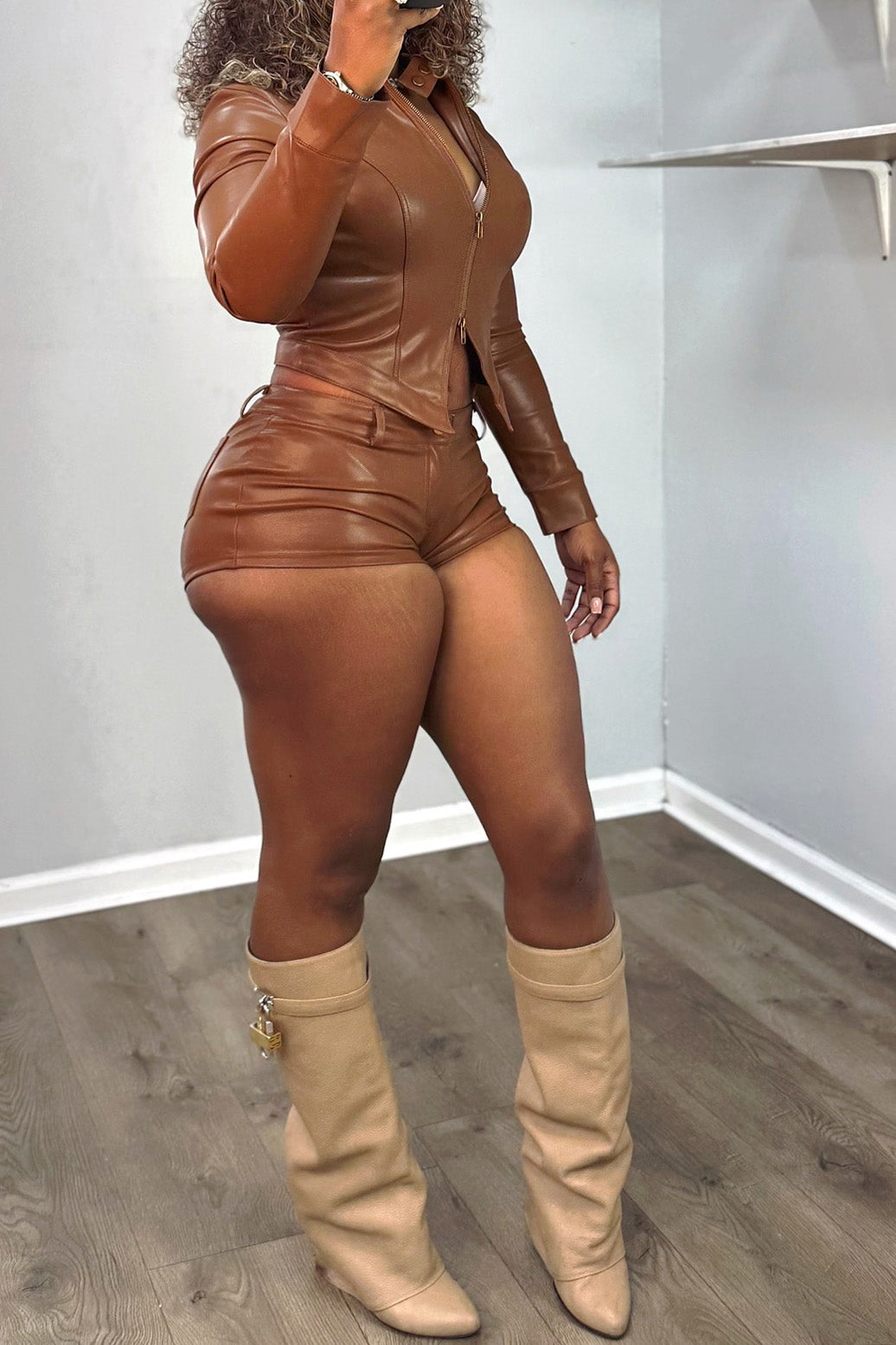 Leather Stand Collar Zip Jacket and Shorts Set