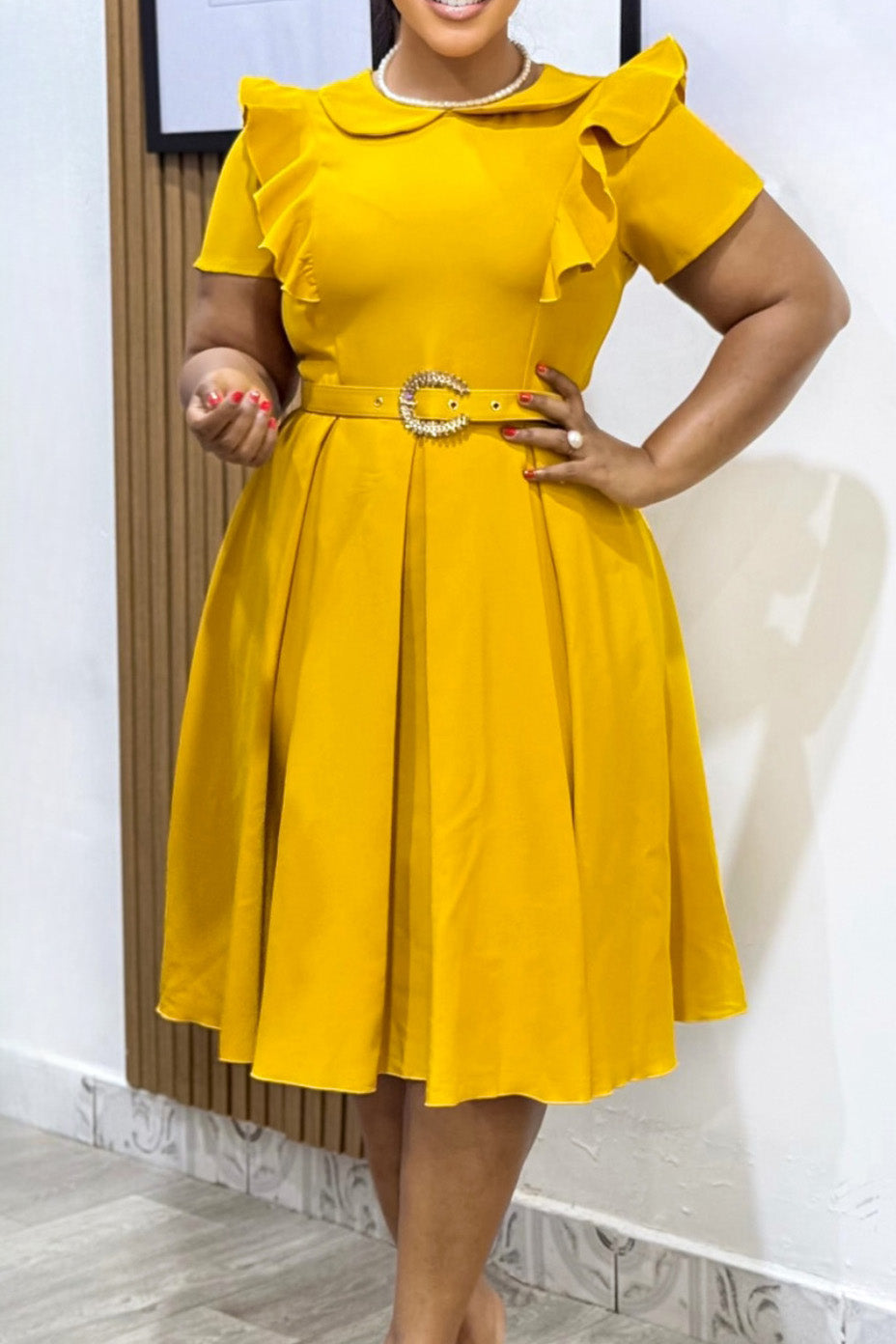 Solid Color Puff Sleeve Babydoll Flare Dress