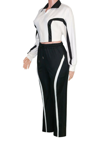Contrast-Stripe Zip Jacket & Wide-Leg Pants Set