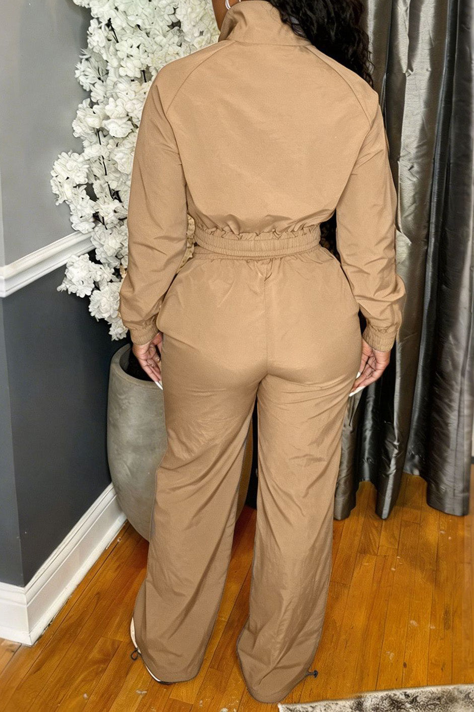 Zip-Front Piped Top & Wide-Leg Pants Set