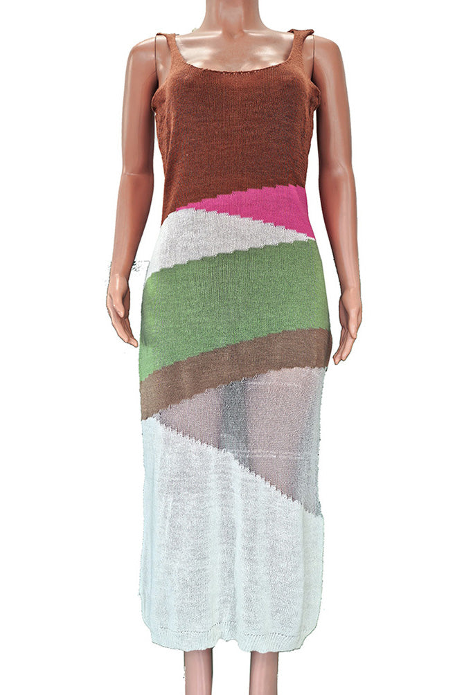 Diagonal Colorblock Knit Maxi Dress