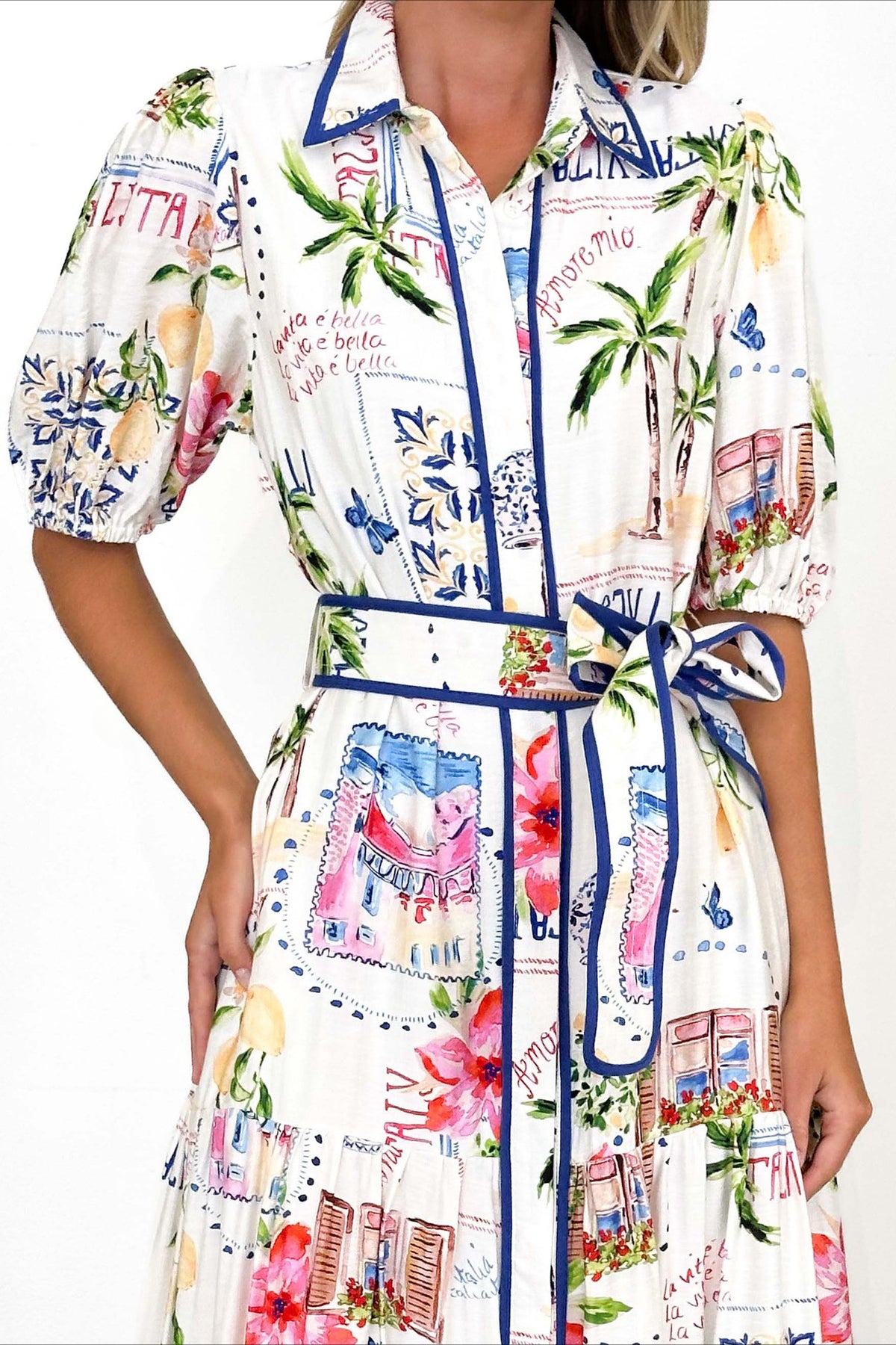 Short Sleeve Cotton Linen Flower Print Dress
