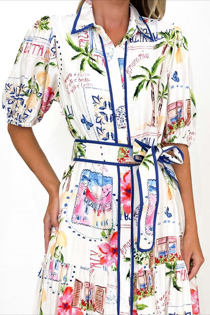 Short Sleeve Cotton Linen Flower Print Dress