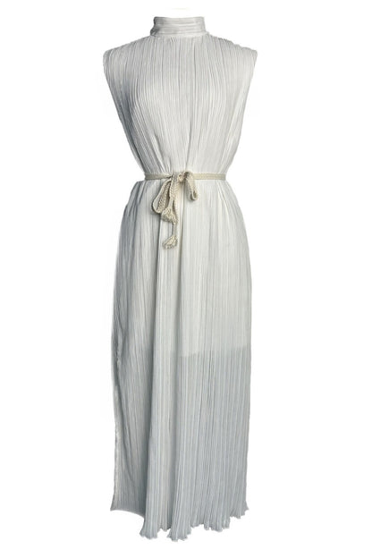 Pleated Tie Midi Dress with Half-High Collar