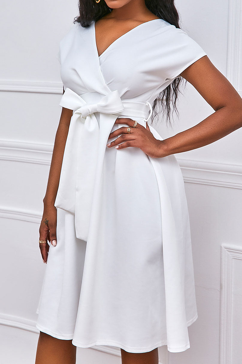 Solid Color Belted Bow Tie Waist Dress