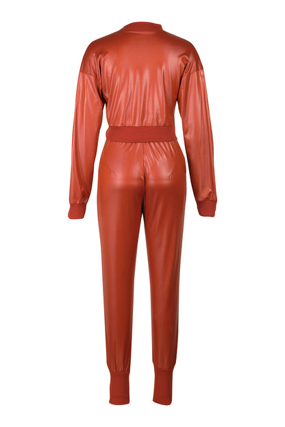 2-Piece Cutout Faux-Leather Bomber & Jogger Set