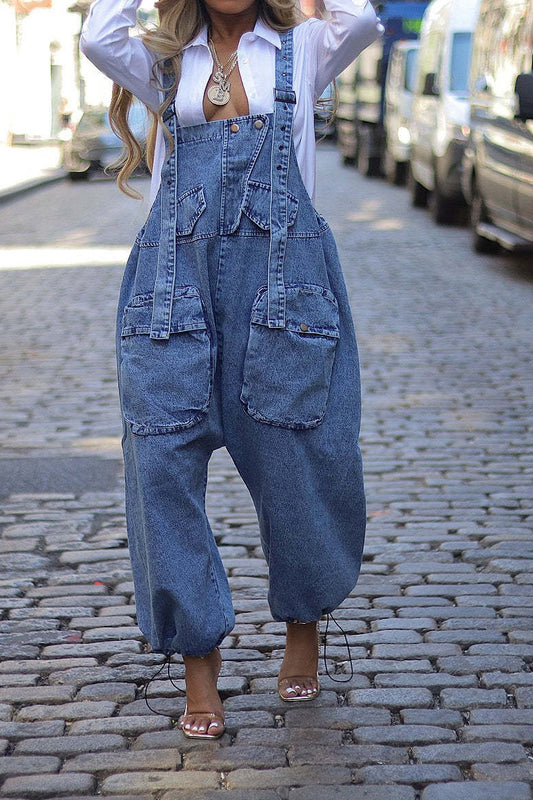 Denim Drawstring Wide Leg Overall Jumpsuit
