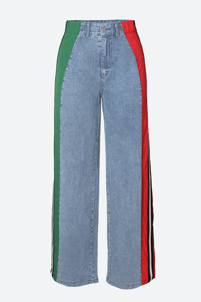 Wide Jeans with Wide Contrast Side Lines-Light Blue