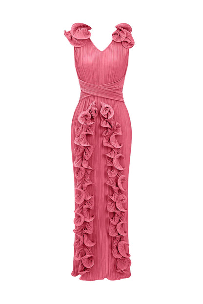 Ruffle 3D Floral V Neck Midi Dress