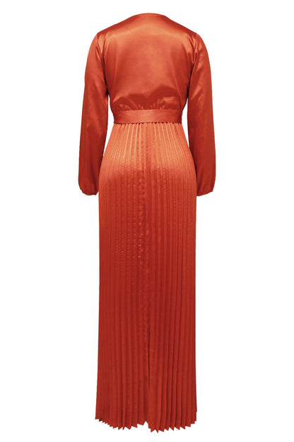 Faux Silk Pleated Tie-Waist Maxi Dress