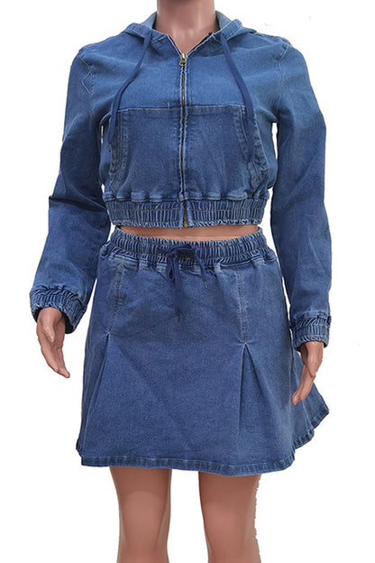 Casual Washed Denim Skirt Set