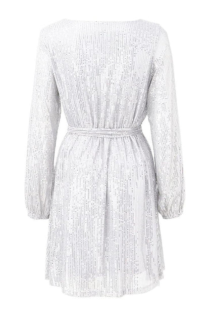 Sequin Tie Waist Long Sleeve Mini Dress