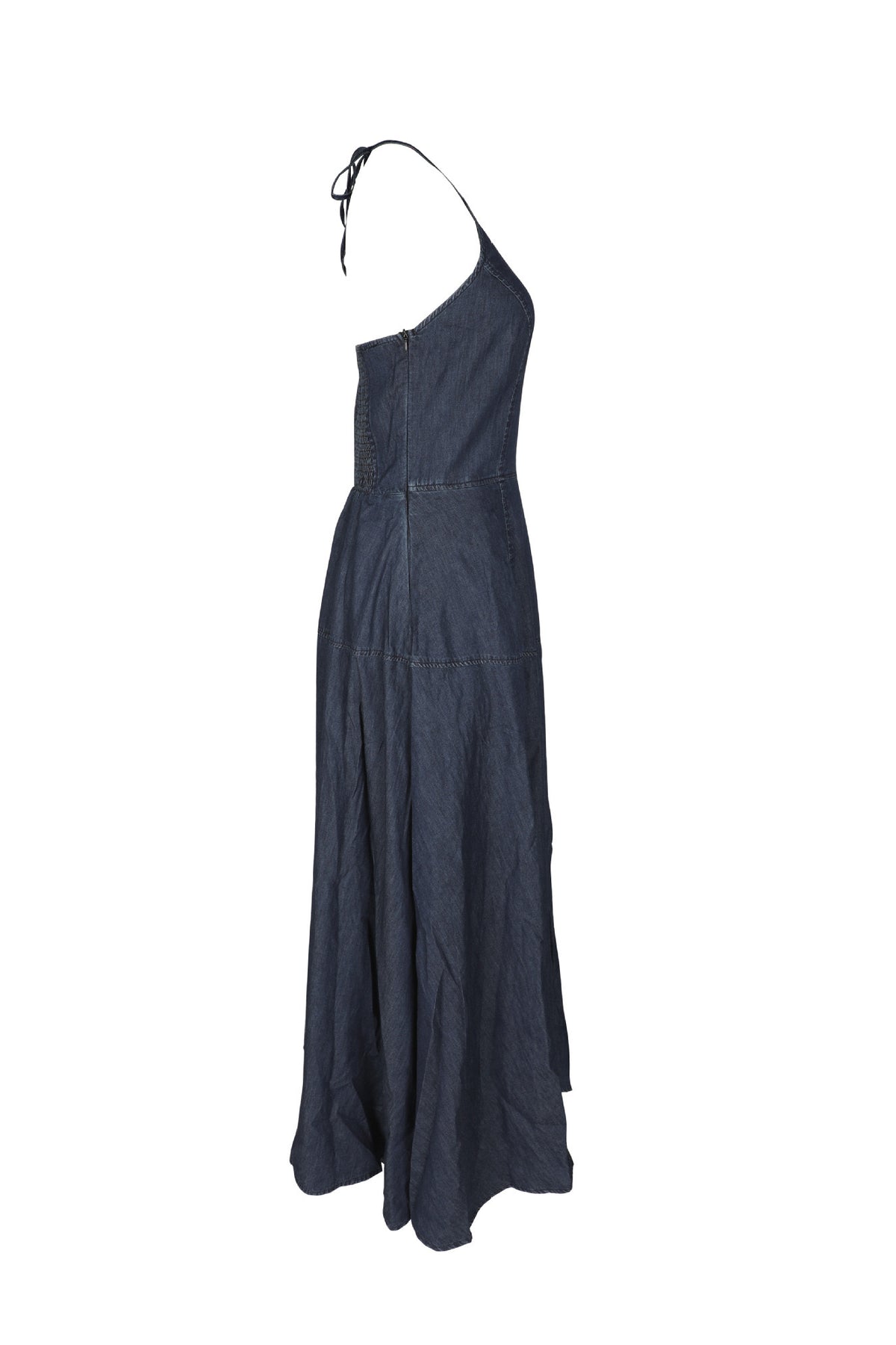 Halter Neck Tiered A-Line Denim Maxi Dress