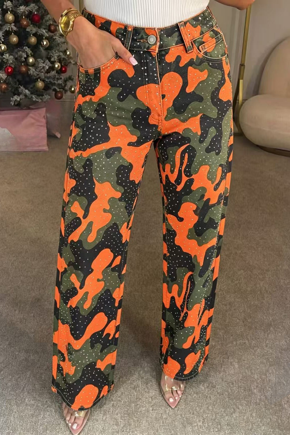 Rhinestone Camo Straight Leg Jeans