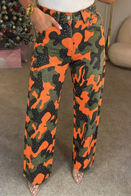 Rhinestone Camo Straight Leg Jeans