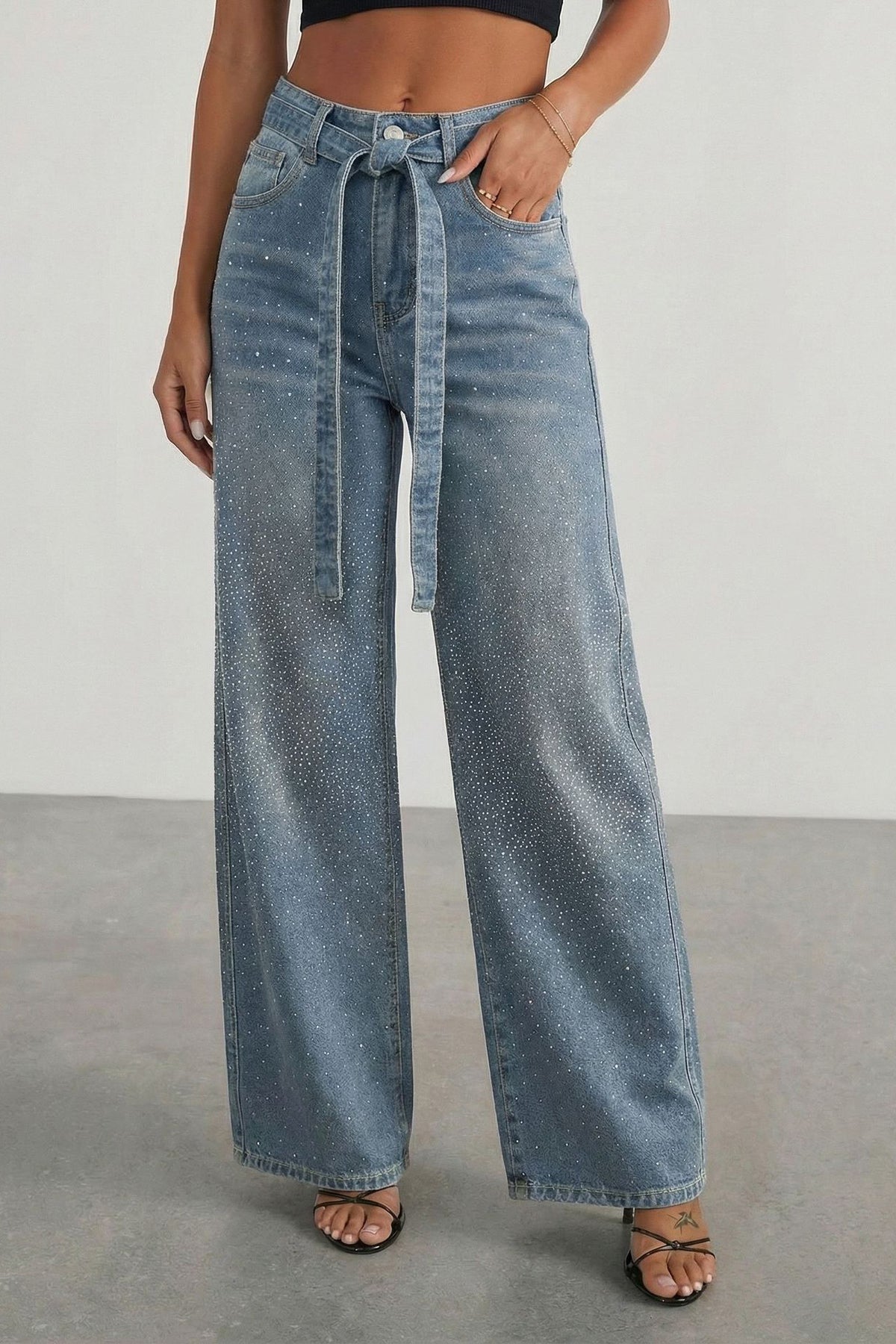 Rhinestone Sparkle Wide Leg Jeans High Waisted