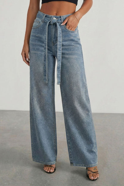 Rhinestone Sparkle Wide Leg Jeans High Waisted