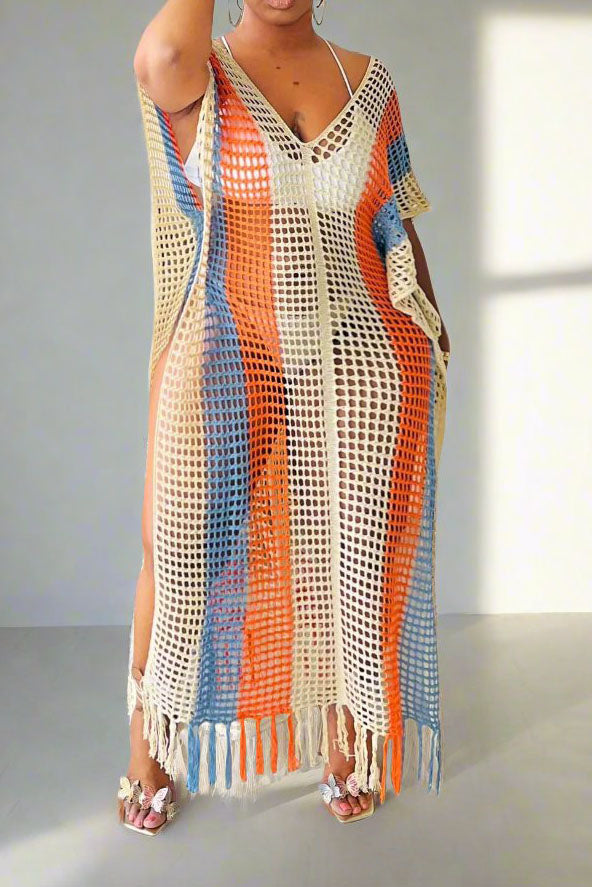 Colorblock V Neck Short Sleeve Split Cover Up