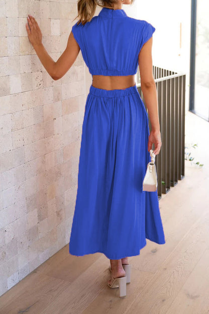 Mock Neck Cut Out Pleated Maxi Dress
