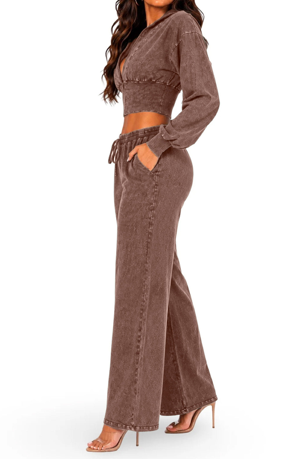 Washed Cropped Zip Jacket Wide Leg Pants Set