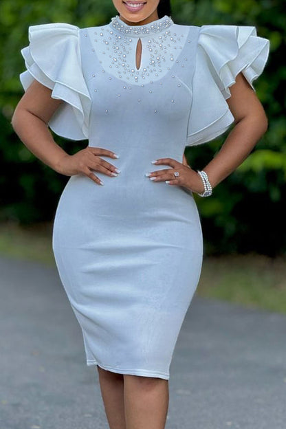 Pearls Decor O Neck Wrapped Dress