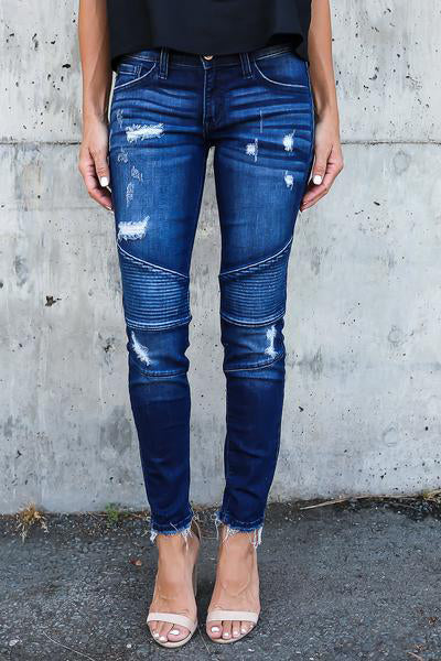Skinny Ripped Pleated Stretch Denim Jeans