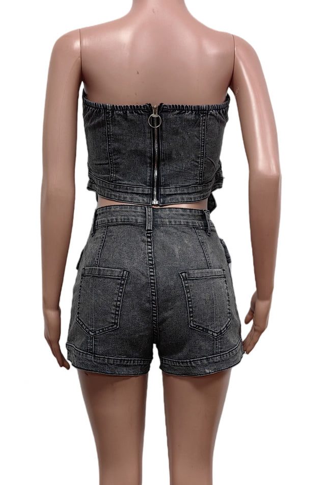 Denim Slit Elastic Shorts Set