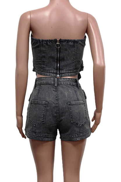Denim Slit Elastic Shorts Set