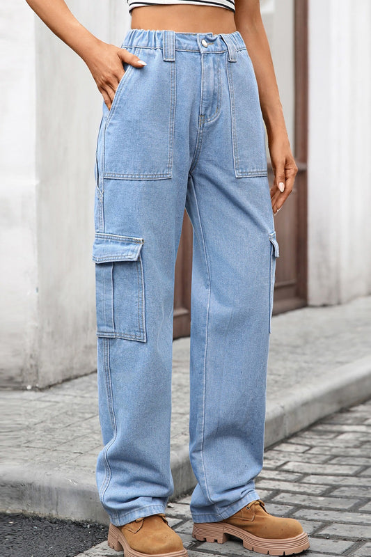 High Waist Elastic Baggy Cargo Jeans