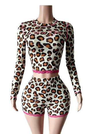 Leopard-Print Lettuce-Trim Top & Shorts Set