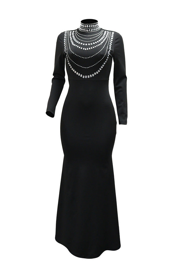 Long Sleeve Diamond Fishtail Bandage Maxi Dress