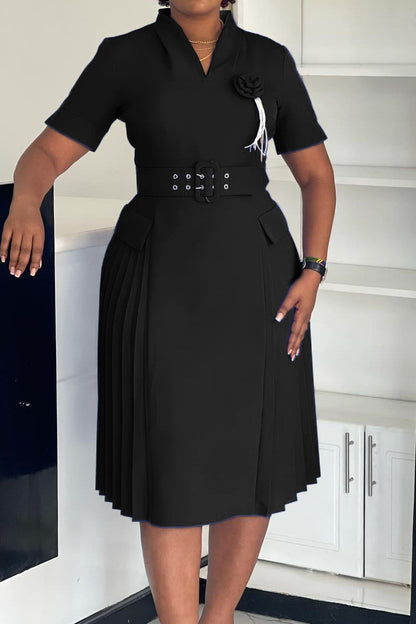 V-Neck Solid Color Plus Size Pleated Dress