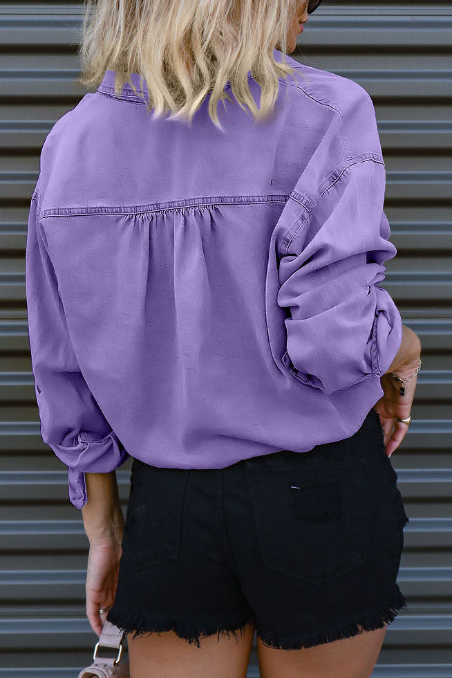 Long Sleeve Button Down Blouses Denim Shirt