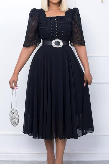 Square Neckline Lace Sleeve Midi Party Dress