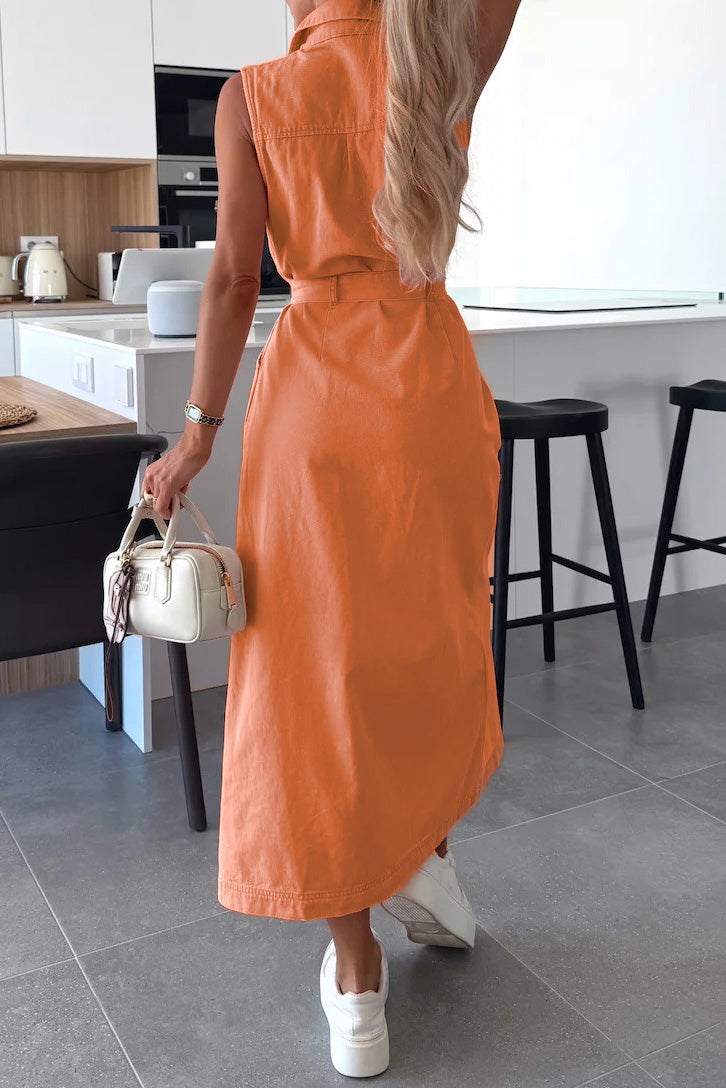 Sleeveless Belted Utility Maxi Shirt Dress