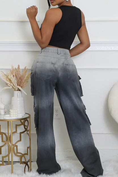 Casual Multi-Pocket Ombre Wide-Leg Jeans
