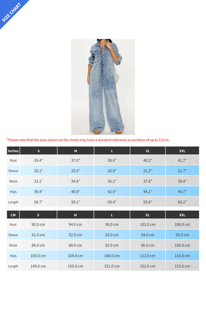 Slim Fit Long Sleeve Washed Denim Jumpsuit