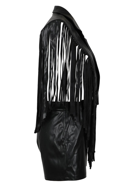 Fringed Faux-Leather Blazer & Shorts 2-Piece Set