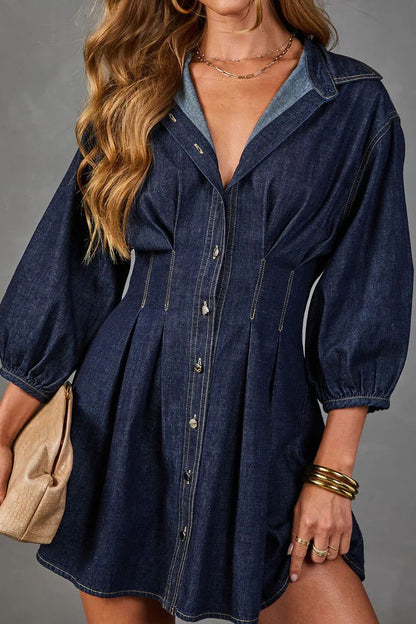 Puff-Sleeve Denim Mini Shirt Dress